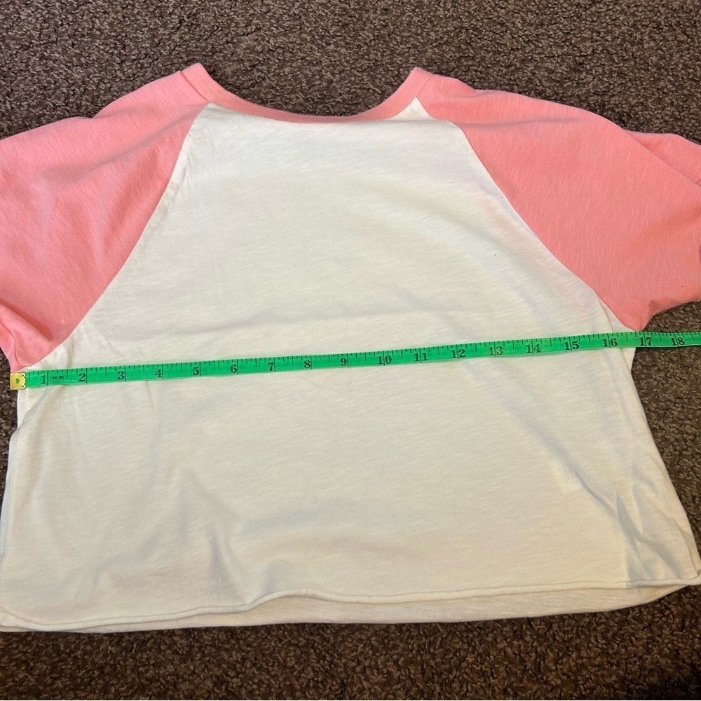 Aerie Women XS Pink White Raglan Baseball Tee Short Sleeve Cropped Raw Hem Shirt - Picture 4 of 5